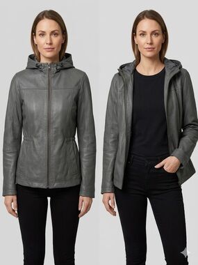 Women's Hooded Bomber Leather Jacket -Stone Grey
